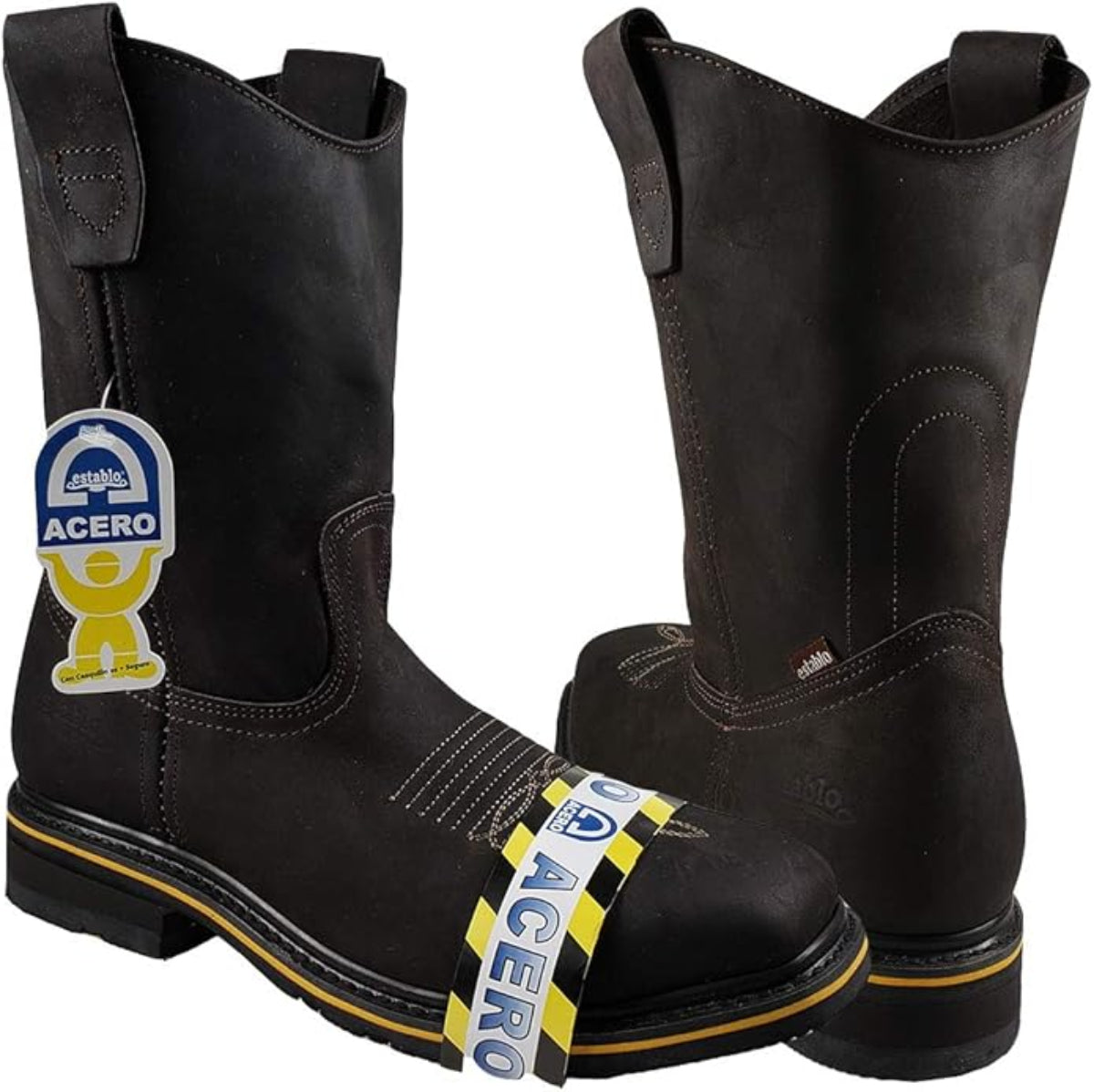 Botas de trabajo Establo de cuero genuino con puntera cuadrada y sin cordones - Punta de acero (chocolate)