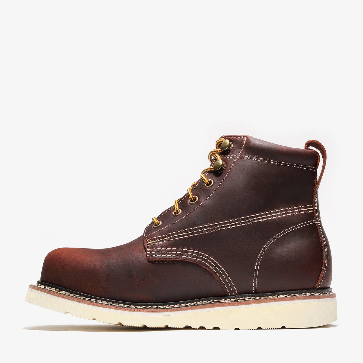 Bonanza Frontier Classic 6" burgundy work boots. Plain toe design, rugged leather, and lasting comfort for hard-working feet. Side view