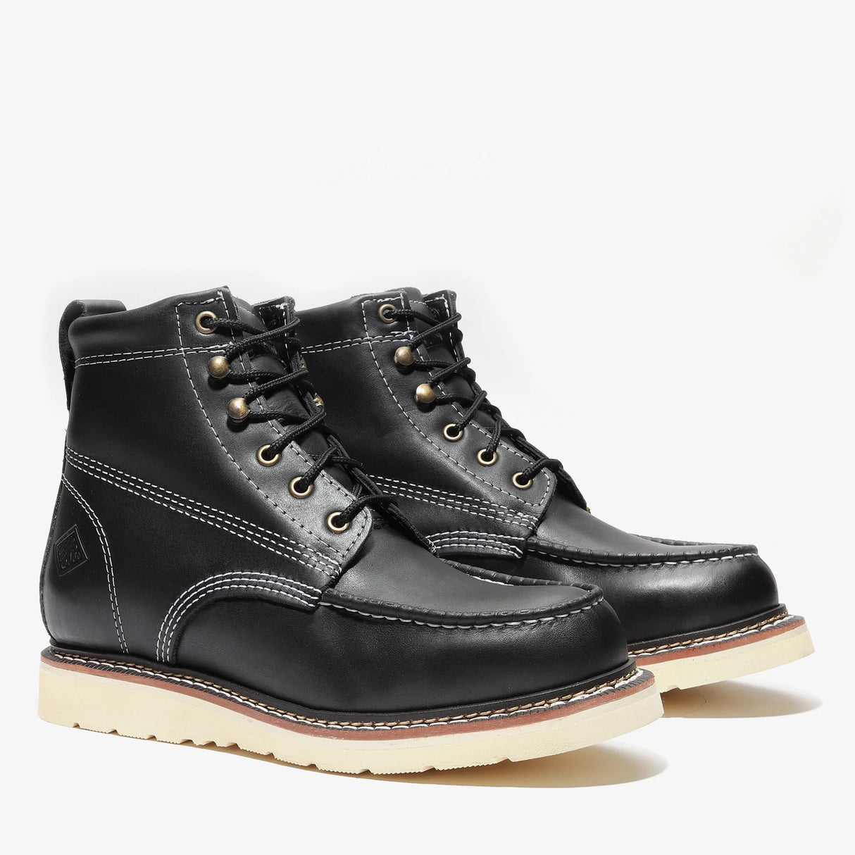 Jet Black leather work boots with 6-inch shaft and moc toe by Bonanza Frontier
