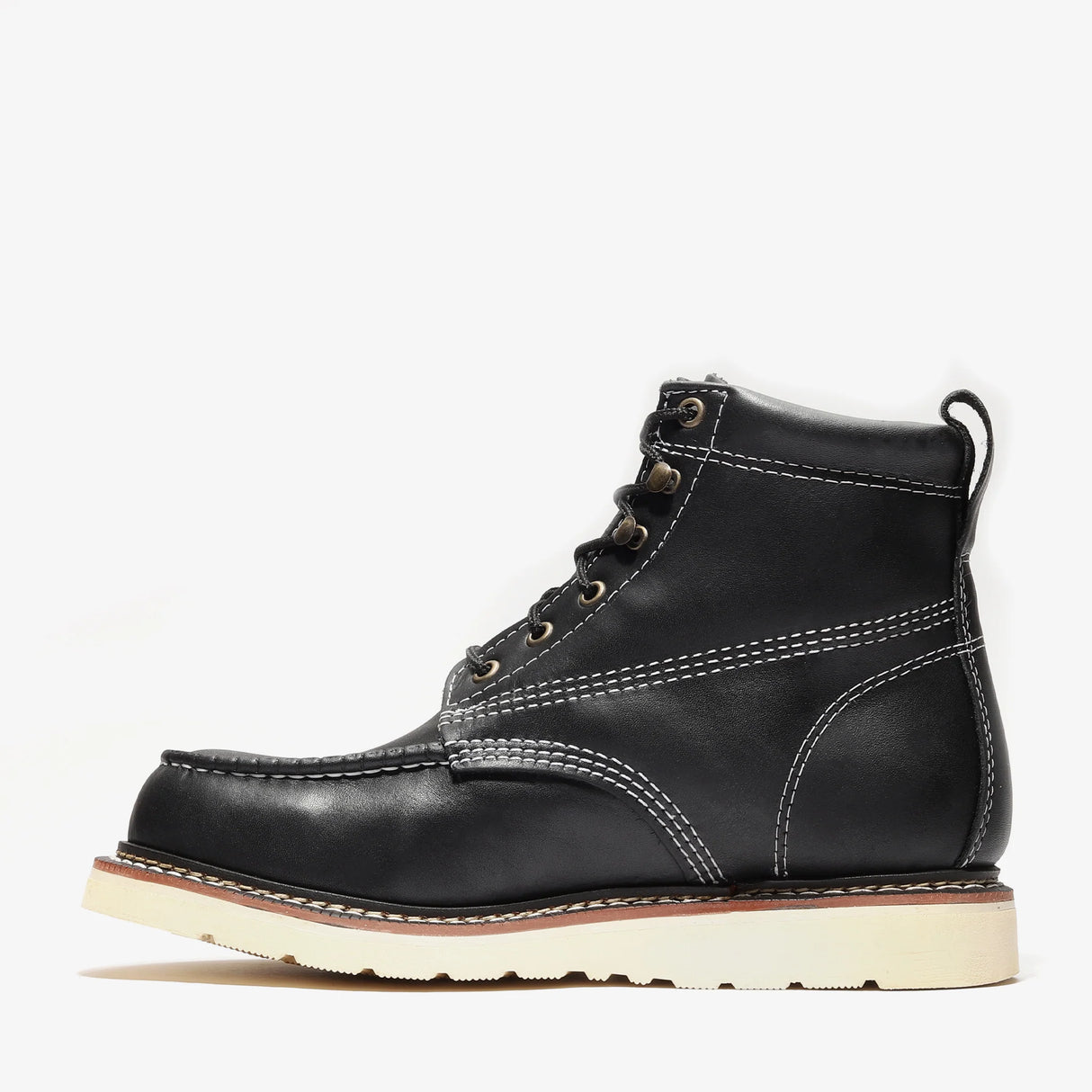 Jet Black leather work boots with 6-inch shaft and moc toe by Bonanza Frontier