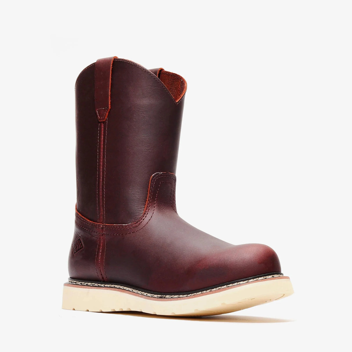 Bonanza Frontier 10-inch burgundy Wellington work boots – durable leather, slip-on design, and comfort that lasts all day. angle view