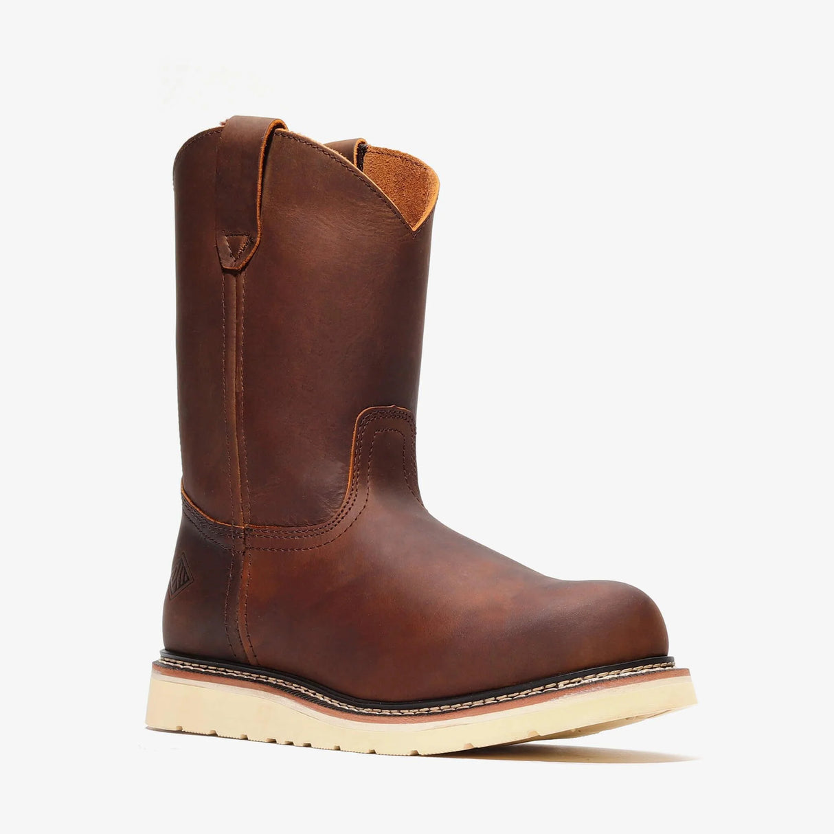 Bonanza Frontier 10-inch crazy brown Wellington work boots – durable leather, slip-on design angle