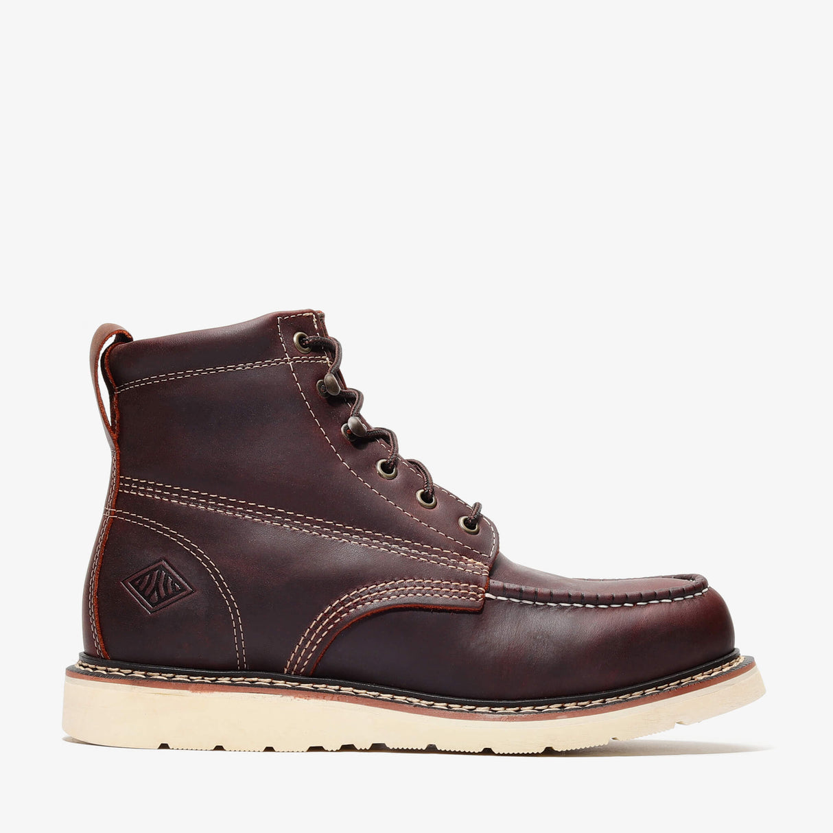 Burgundy Bonanza 6-inch moc toe work boots with durable leather and reinforced stitching