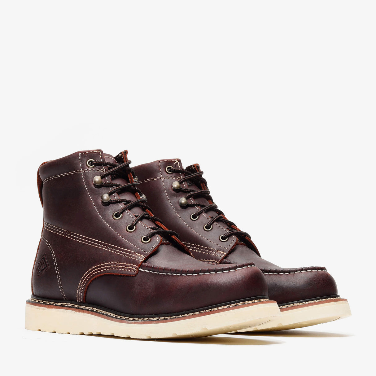 Burgundy Bonanza 6-inch moc toe work boots with durable leather and reinforced stitching