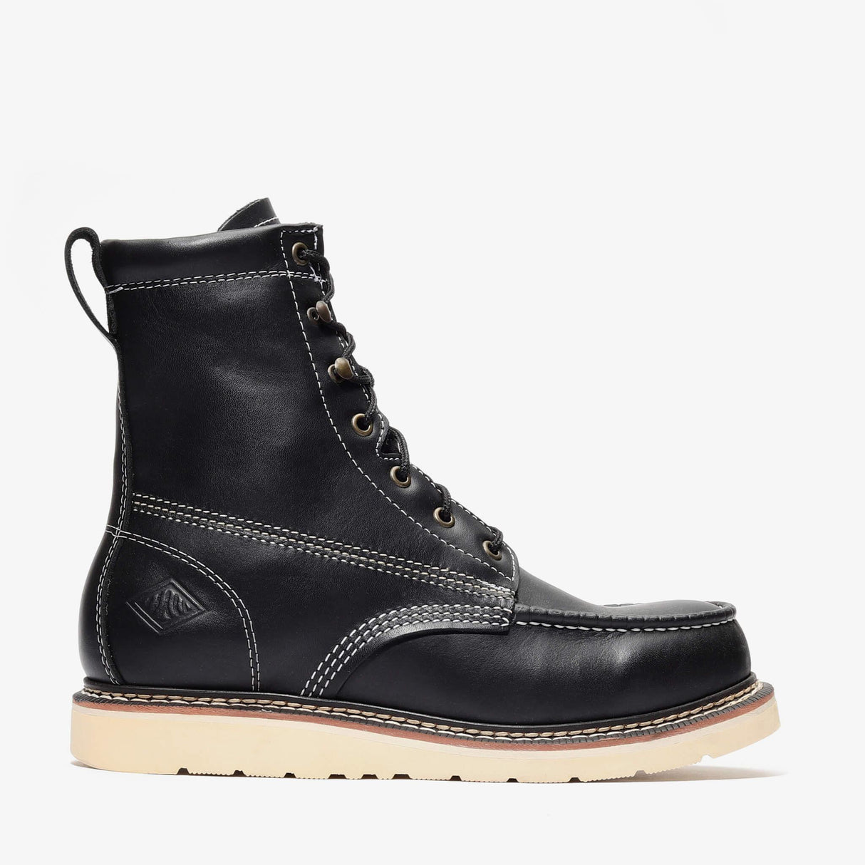 "Black Bonanza 8-inch moc toe work boots with rugged leather upper and reinforced stitching