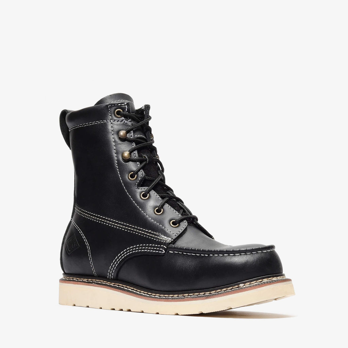 "Black Bonanza 8-inch moc toe work boots with rugged leather upper and reinforced stitching