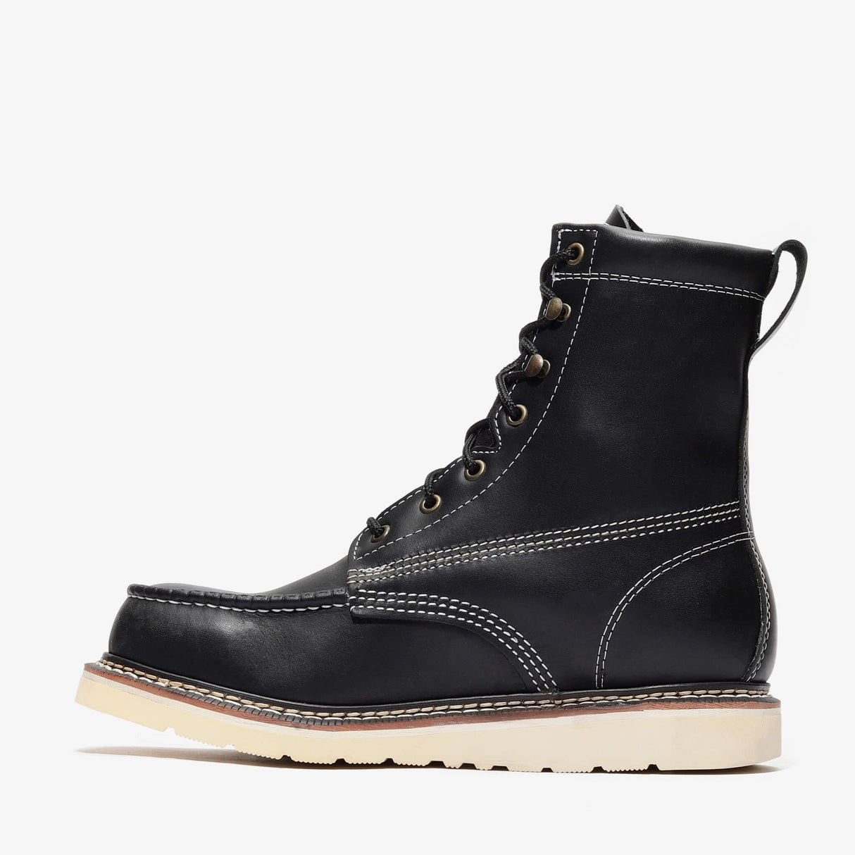 "Black Bonanza 8-inch moc toe work boots with rugged leather upper and reinforced stitching