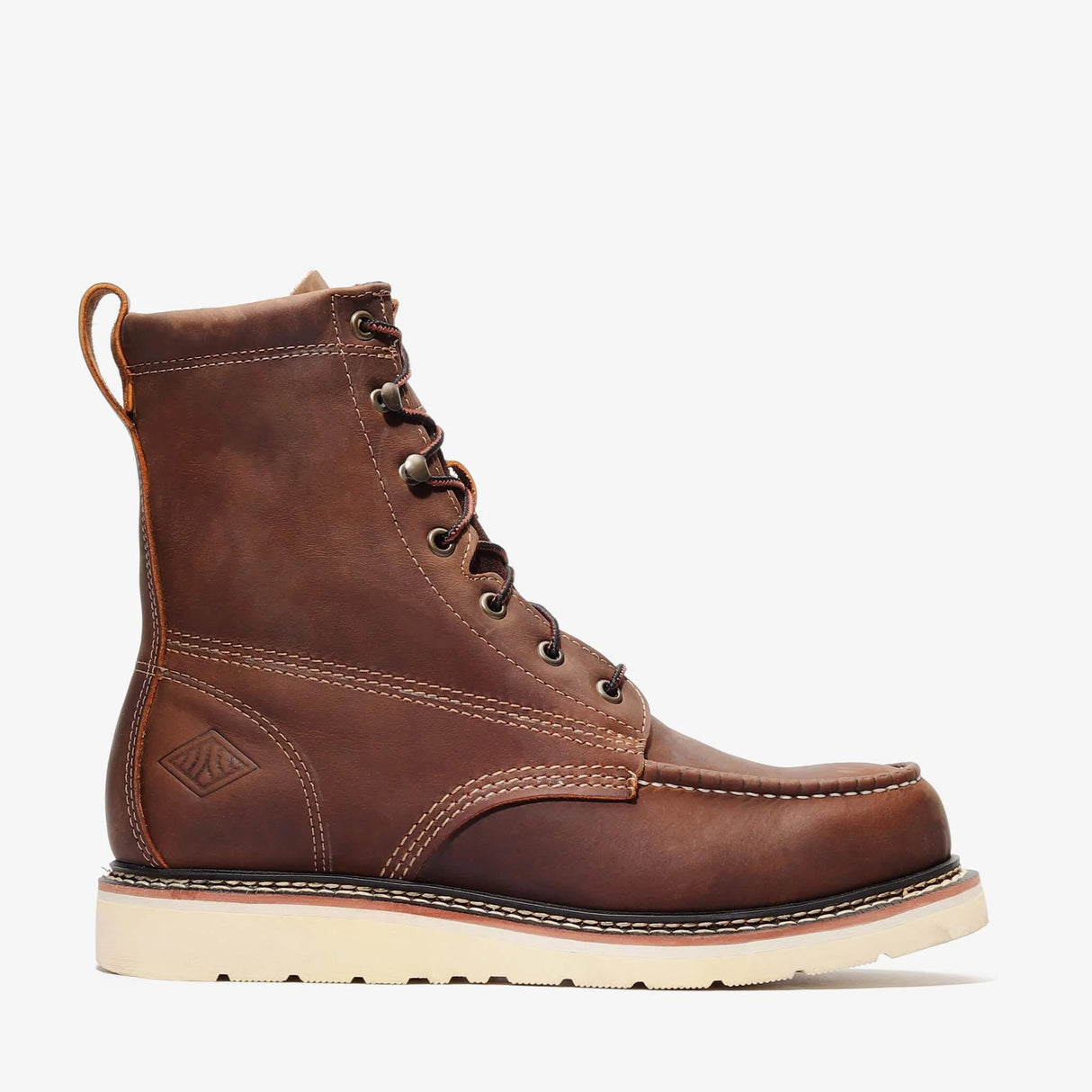 Brown Bonanza 8-inch moc toe work boots with rugged leather upper and reinforced stitching
