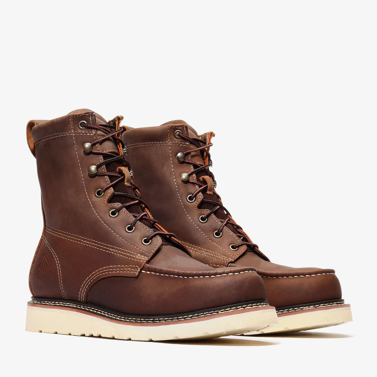 Brown Bonanza 8-inch moc toe work boots with rugged leather upper and reinforced stitching