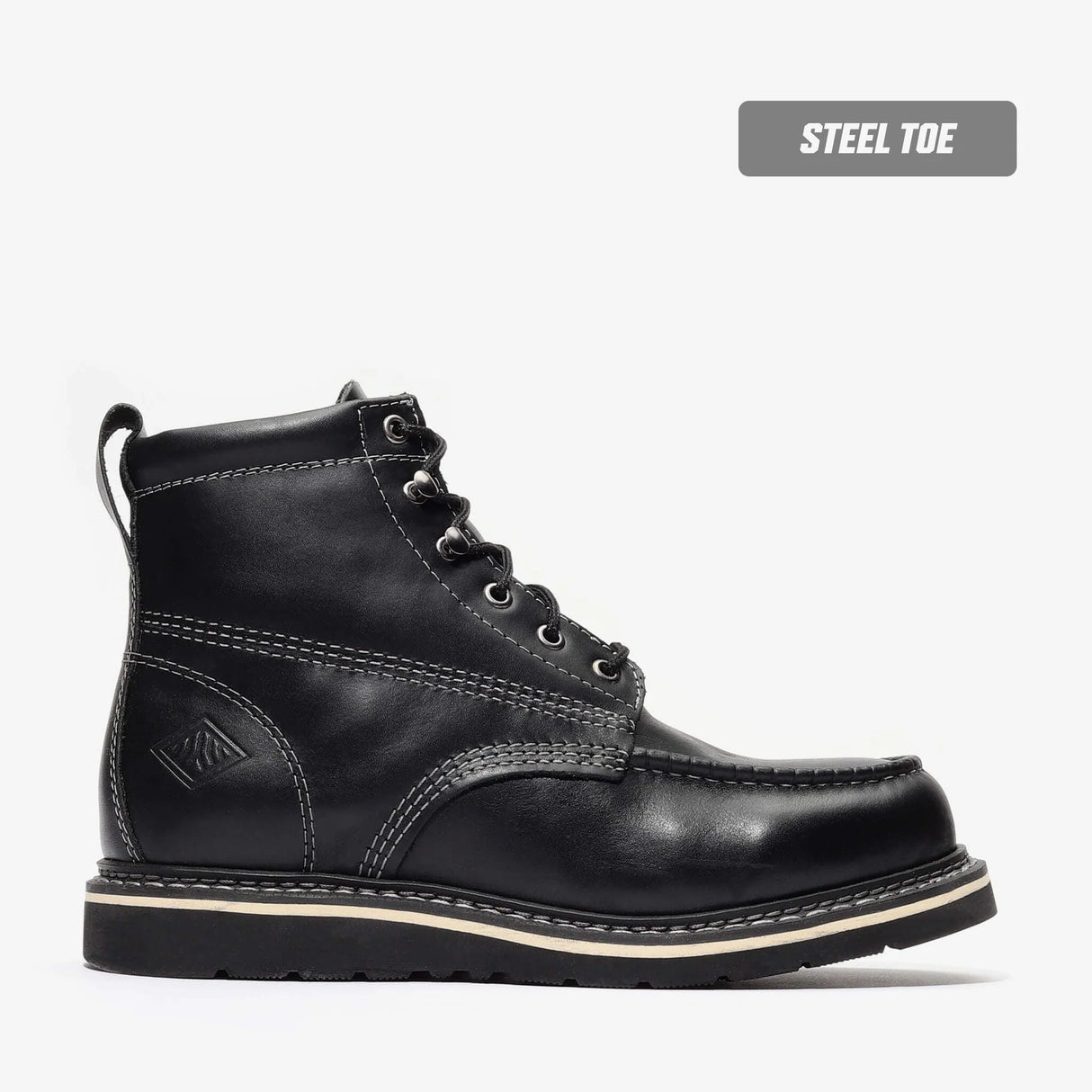 Jet Black Bonanza 6-inch steel toe work boots with moc toe design and durable leather upper