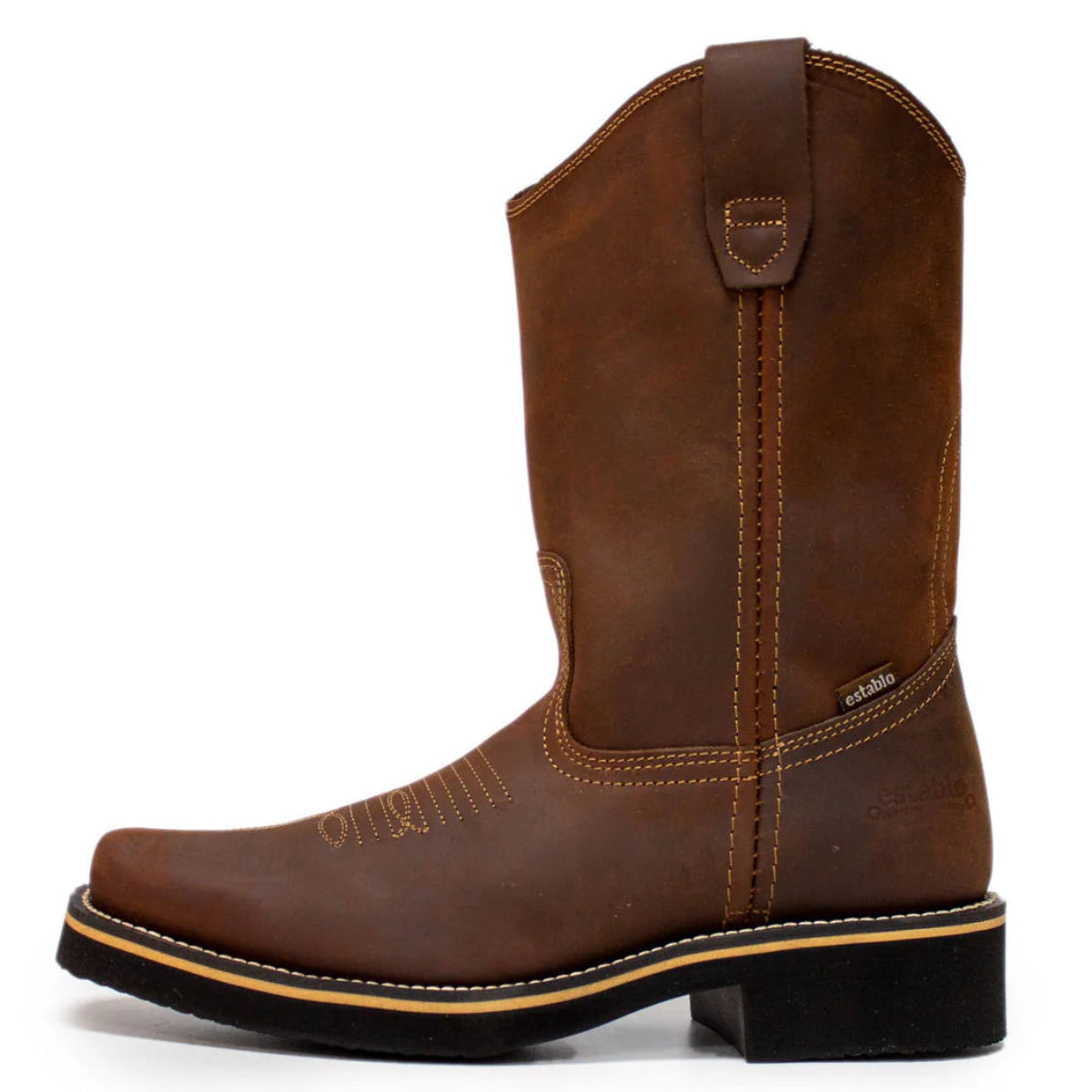 Botas de trabajo Establo de piel auténtica con puntera cuadrada y sin cordones - Punta blanda (marrón)