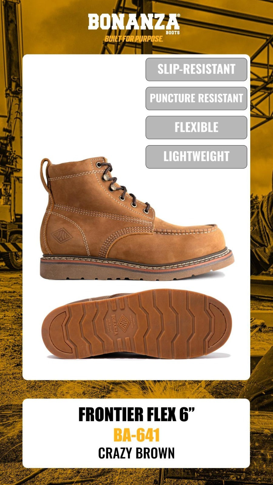 Bonanza Frontier Flex 6" Moc Toe Work Boots - Crazy Brown