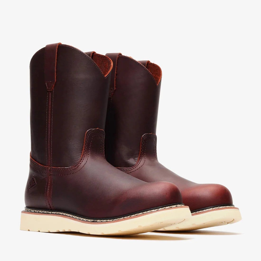 Bonanza Frontier 10-inch burgundy Wellington work boots – durable leather, slip-on design, and comfort that lasts all day.