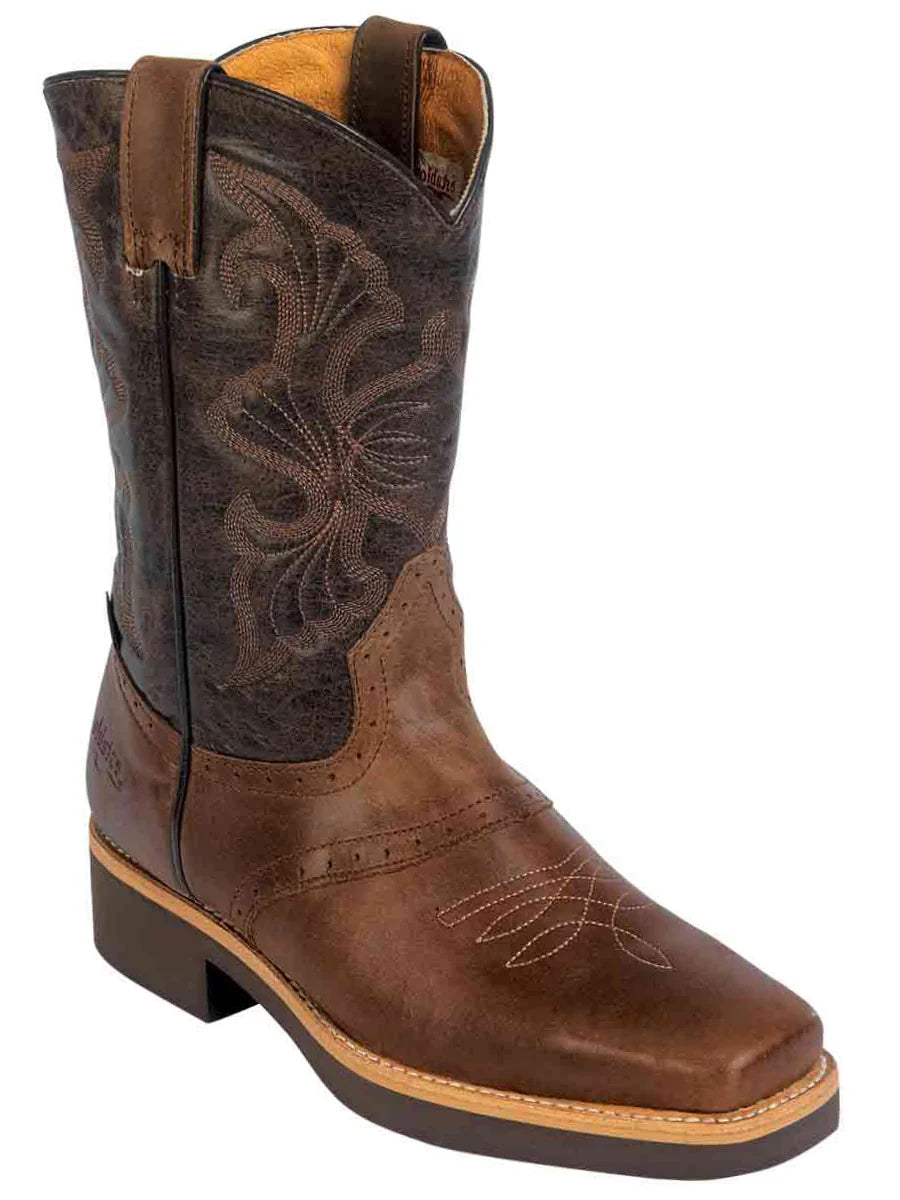 Establo Genuine Leather Square Toe Pull On Work Boots
