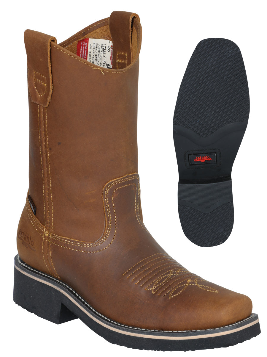 Establo Genuine Leather Pull-On Square Toe Work Boots - Soft Toe (Mango)