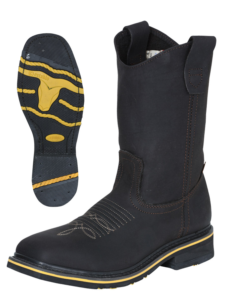 Establo Genuine Leather Pull-On Square Toe Work Boots - Steel Toe (Chocolate)