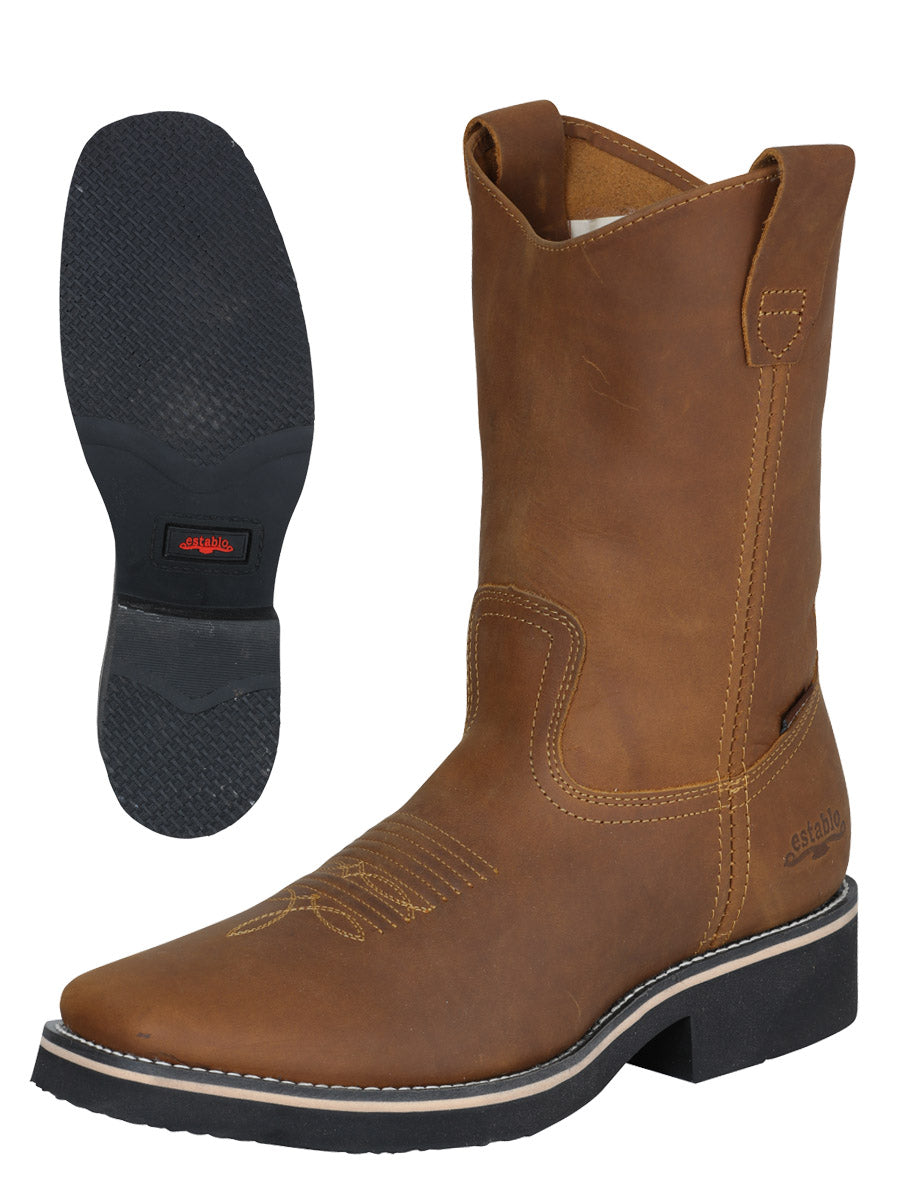 Establo Genuine Leather Pull-On Square Toe Work Boots - Soft Toe (Mango)