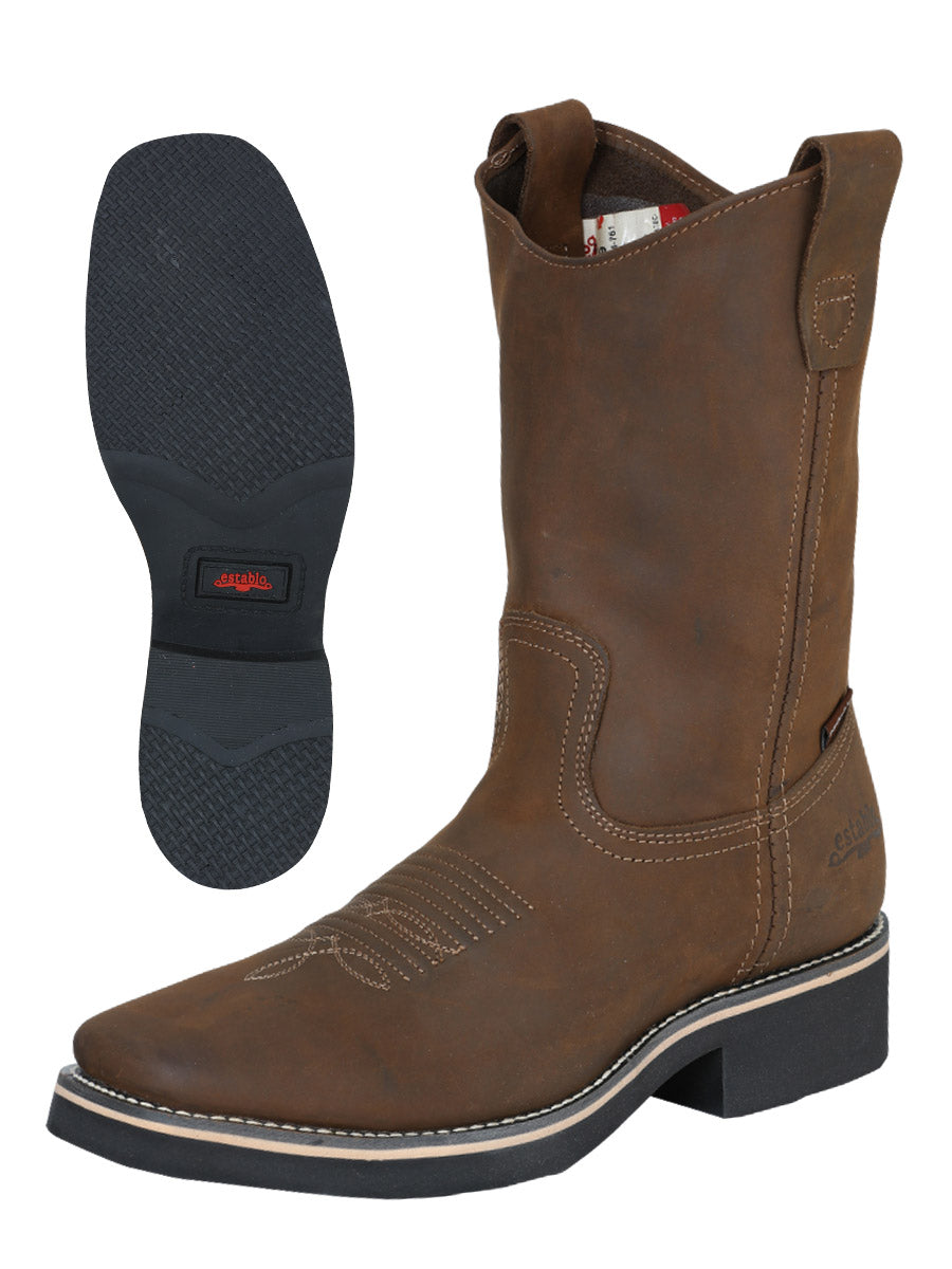 Establo Genuine Leather Pull-On Square Toe Work Boots - Soft Toe (Tan)