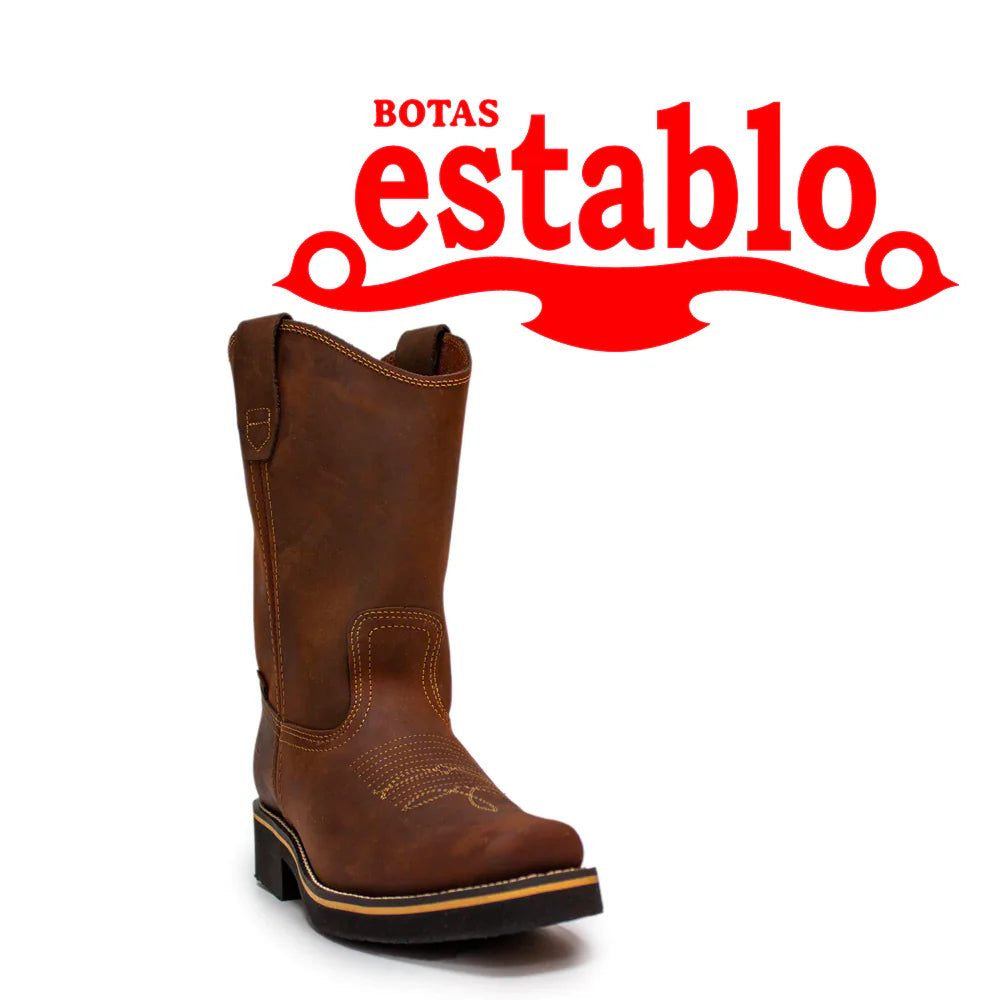 Establo Genuine Leather Pull-On Square Toe Work Boots - Soft Toe (Brown)
