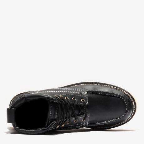 Jet Black leather work boots with 6-inch shaft and moc toe by Bonanza Frontier top