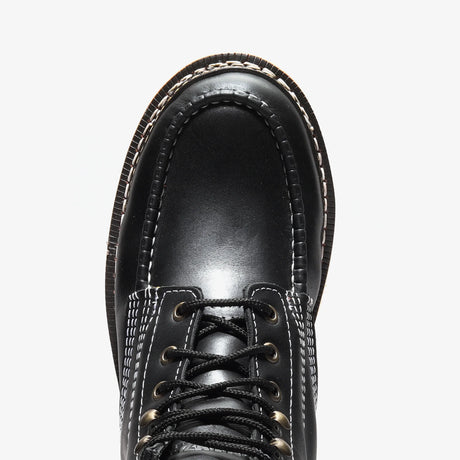 Jet Black leather work boots with 6-inch shaft and moc toe by Bonanza Frontier toe