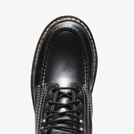 Jet Black Bonanza 6-inch steel toe work boots with moc toe design and durable leather upper toe white background