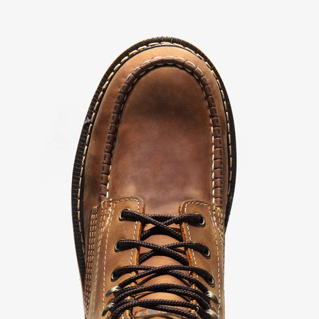 Bonanza 6-inch steel toe work boots with moc toe design and durable leather upper toe view
