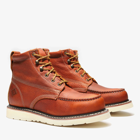 golden brown Bonanza 6-inch steel toe work boots with moc toe design and durable leather upper