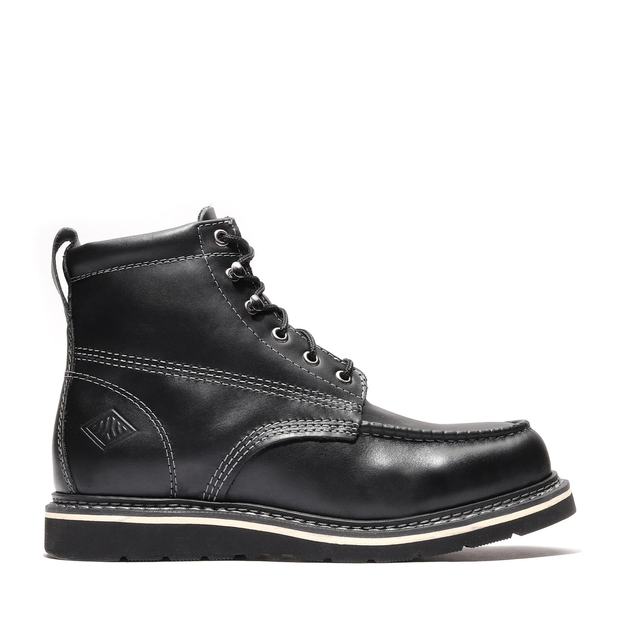 "Jet Black Bonanza 6-inch moc toe work boots with durable leather and classic stitching"

