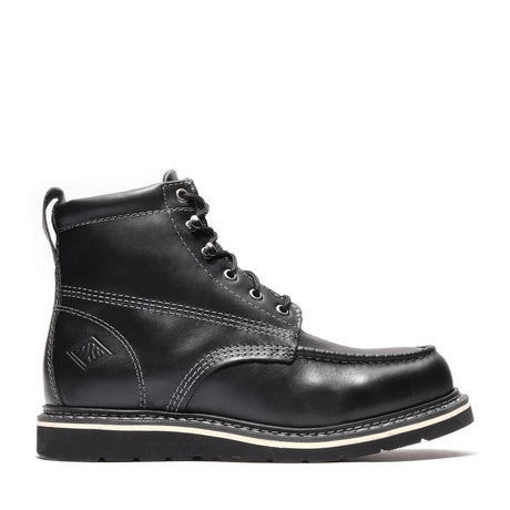 "Jet Black Bonanza 6-inch moc toe work boots with durable leather and classic stitching"

