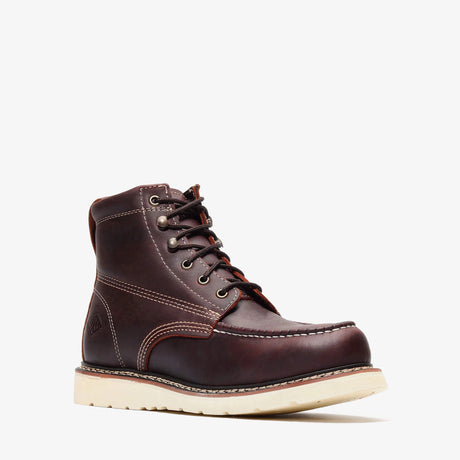 Burgundy Bonanza 6-inch moc toe work boots with durable leather and reinforced stitching