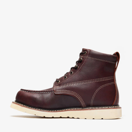 Burgundy leather Bonanza 6-inch steel toe work boots with moc toe design side