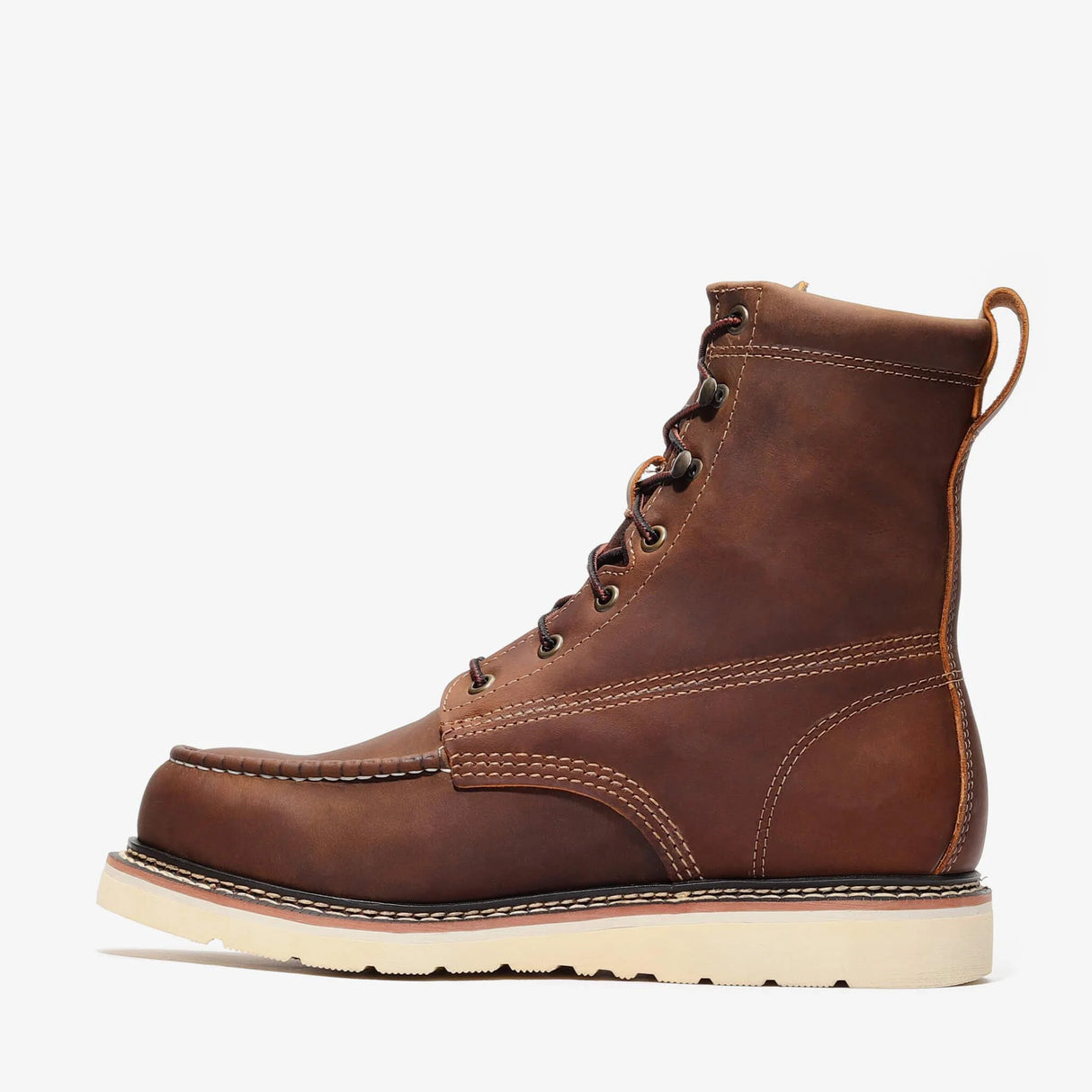 Brown Bonanza 8-inch moc toe work boots with rugged leather upper and reinforced stitching