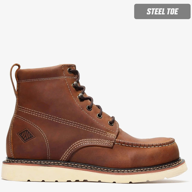 Bonanza 6-inch steel toe work boots with moc toe design and durable leather upper