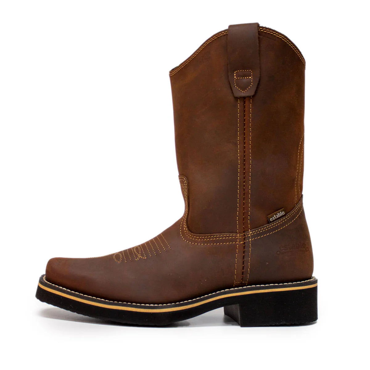 Establo Genuine Leather Pull-On Square Toe Work Boots - Soft Toe (Brown)