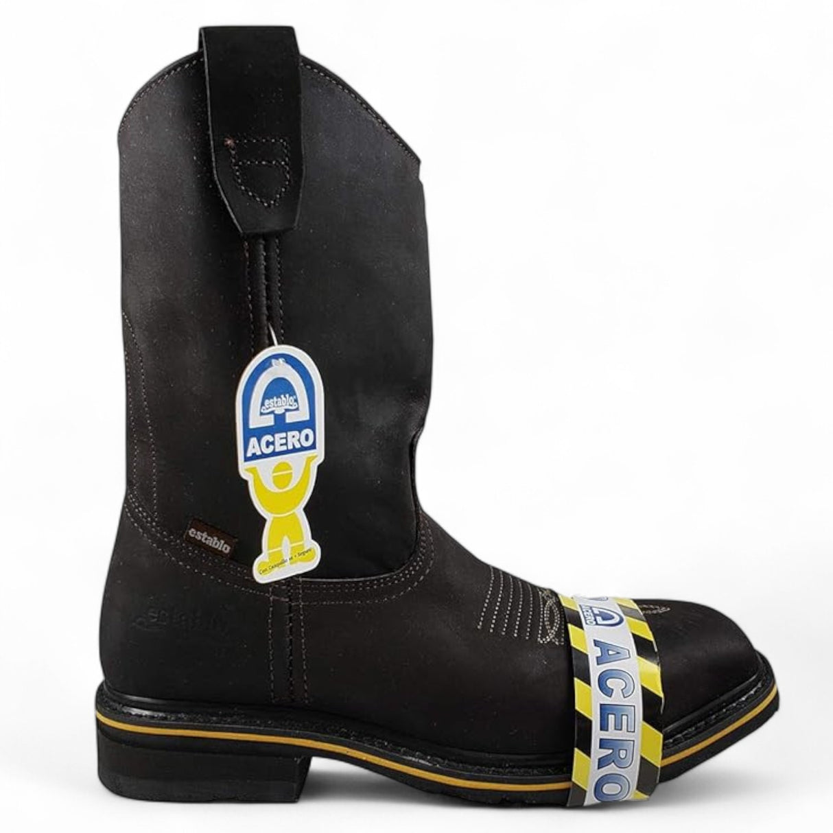 Botas de trabajo Establo de cuero genuino con puntera cuadrada y sin cordones - Punta de acero (chocolate)